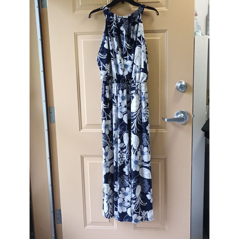 Robbie Bee Floral Maxi Dress Navy/White Silver Highlights Sleeveless, L